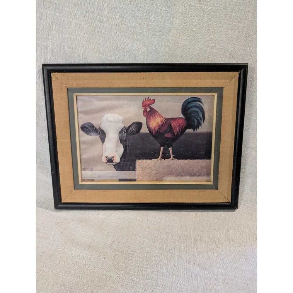 Framed Wall Art Cow & Rooster Picture Rustic Country 16.25